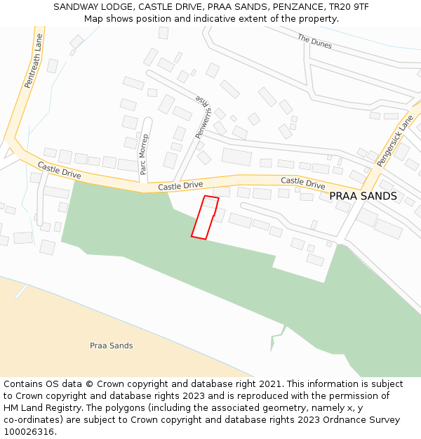SANDWAY LODGE, CASTLE DRIVE, PRAA SANDS, PENZANCE, TR20 9TF: Location map and indicative extent of plot