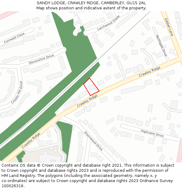 SANDY LODGE, CRAWLEY RIDGE, CAMBERLEY, GU15 2AL: Location map and indicative extent of plot