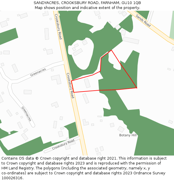 SANDYACRES, CROOKSBURY ROAD, FARNHAM, GU10 1QB: Location map and indicative extent of plot