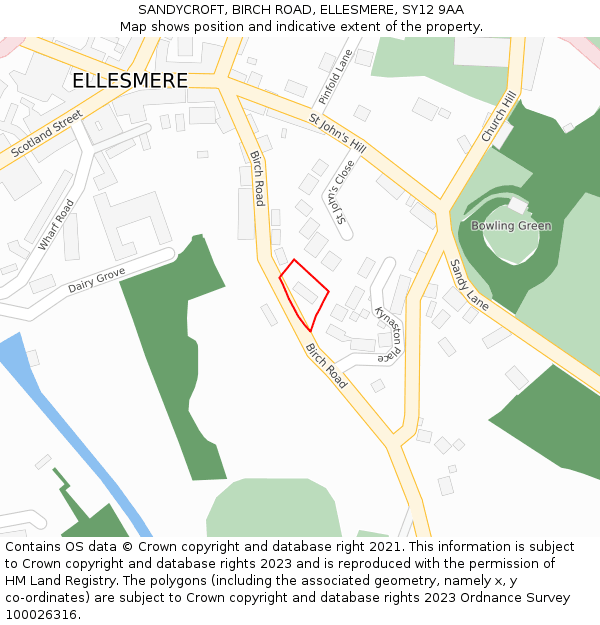 SANDYCROFT, BIRCH ROAD, ELLESMERE, SY12 9AA: Location map and indicative extent of plot