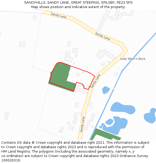 SANDYHILLS, SANDY LANE, GREAT STEEPING, SPILSBY, PE23 5PS: Location map and indicative extent of plot