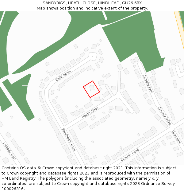 SANDYRIGS, HEATH CLOSE, HINDHEAD, GU26 6RX: Location map and indicative extent of plot