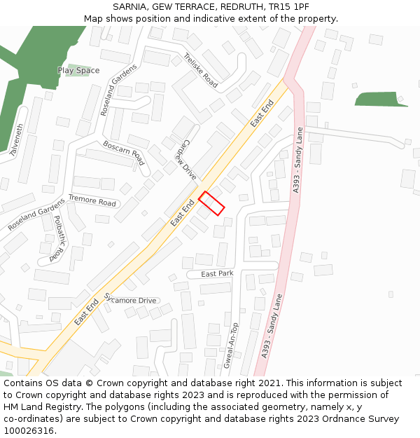 SARNIA, GEW TERRACE, REDRUTH, TR15 1PF: Location map and indicative extent of plot