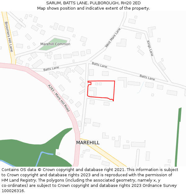 SARUM, BATTS LANE, PULBOROUGH, RH20 2ED: Location map and indicative extent of plot
