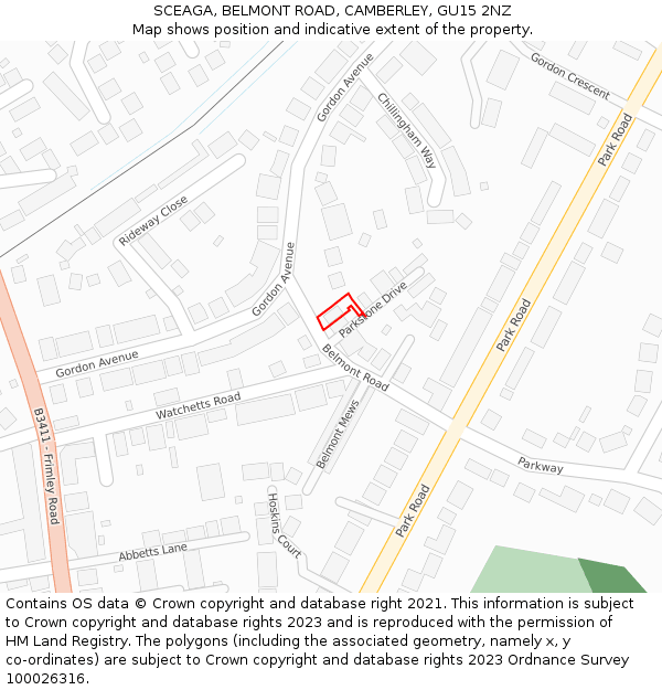 SCEAGA, BELMONT ROAD, CAMBERLEY, GU15 2NZ: Location map and indicative extent of plot