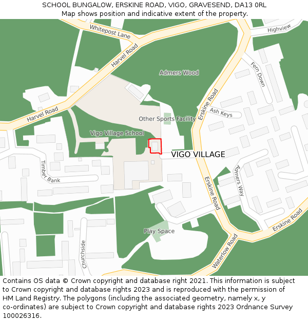 SCHOOL BUNGALOW, ERSKINE ROAD, VIGO, GRAVESEND, DA13 0RL: Location map and indicative extent of plot