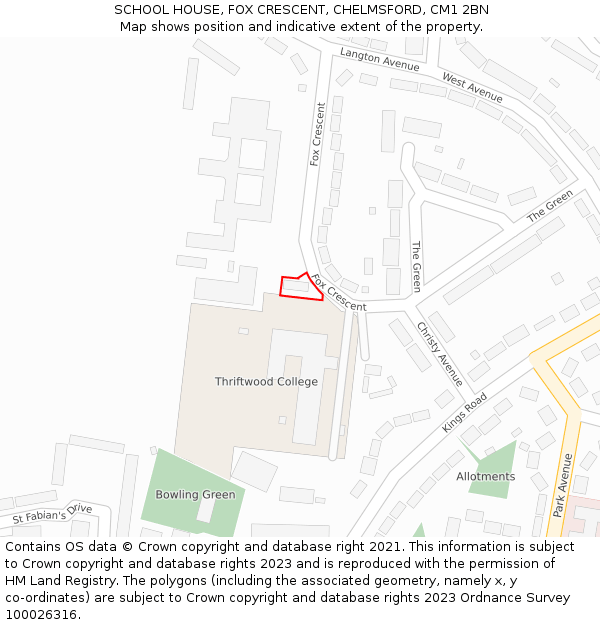 SCHOOL HOUSE, FOX CRESCENT, CHELMSFORD, CM1 2BN: Location map and indicative extent of plot