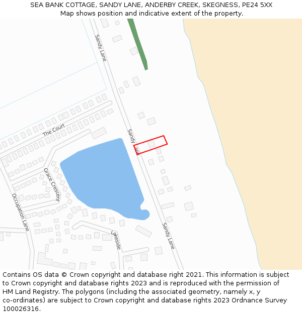 SEA BANK COTTAGE, SANDY LANE, ANDERBY CREEK, SKEGNESS, PE24 5XX: Location map and indicative extent of plot