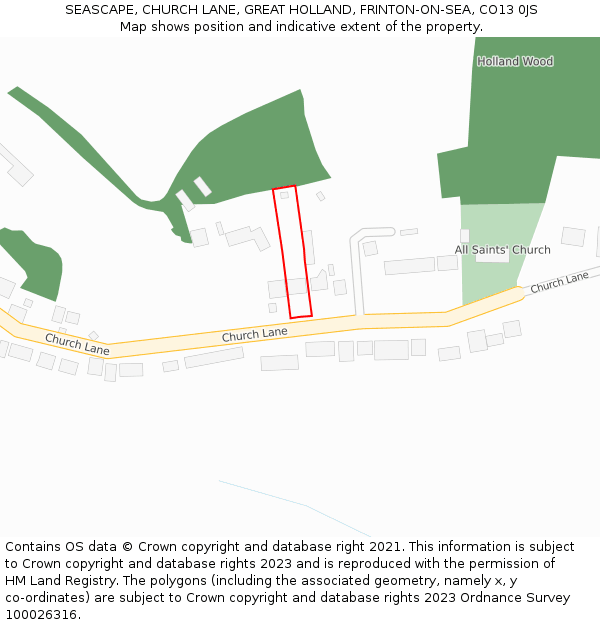 SEASCAPE, CHURCH LANE, GREAT HOLLAND, FRINTON-ON-SEA, CO13 0JS: Location map and indicative extent of plot