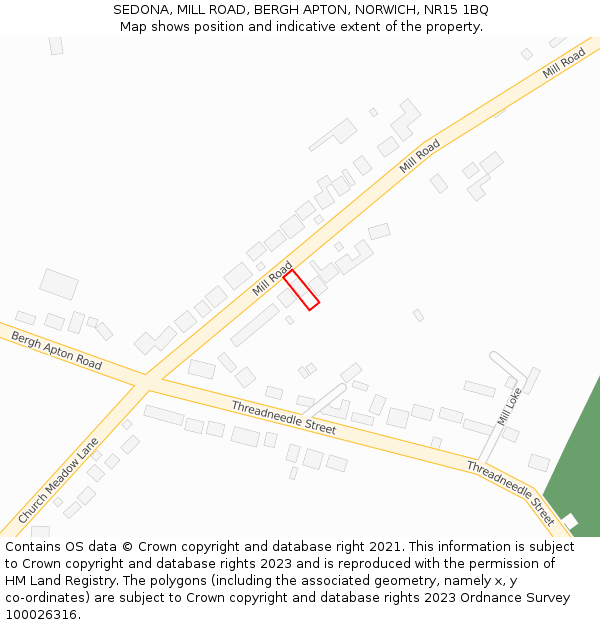 SEDONA, MILL ROAD, BERGH APTON, NORWICH, NR15 1BQ: Location map and indicative extent of plot