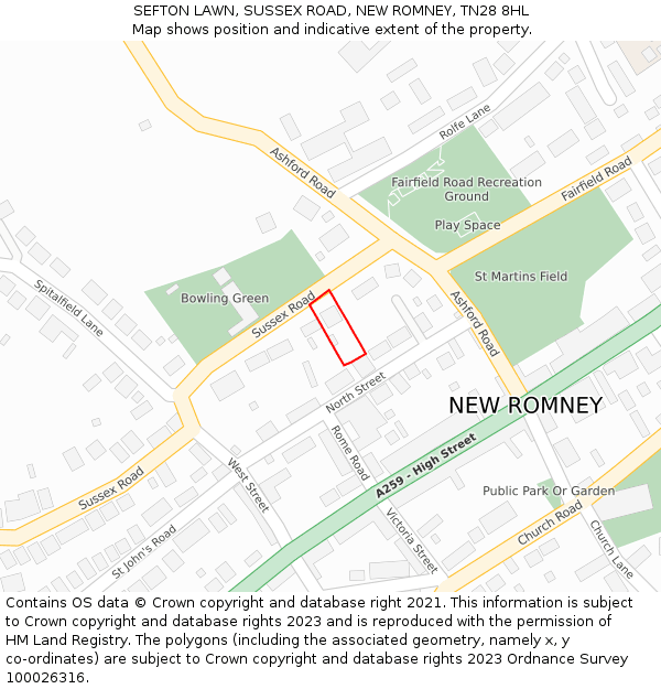 SEFTON LAWN, SUSSEX ROAD, NEW ROMNEY, TN28 8HL: Location map and indicative extent of plot