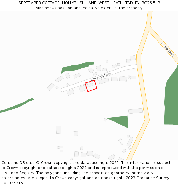 SEPTEMBER COTTAGE, HOLLYBUSH LANE, WEST HEATH, TADLEY, RG26 5LB: Location map and indicative extent of plot