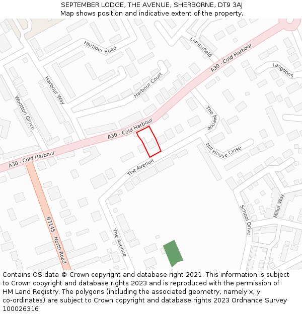 SEPTEMBER LODGE, THE AVENUE, SHERBORNE, DT9 3AJ: Location map and indicative extent of plot