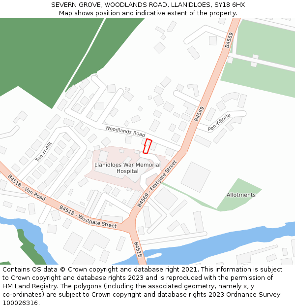 SEVERN GROVE, WOODLANDS ROAD, LLANIDLOES, SY18 6HX: Location map and indicative extent of plot