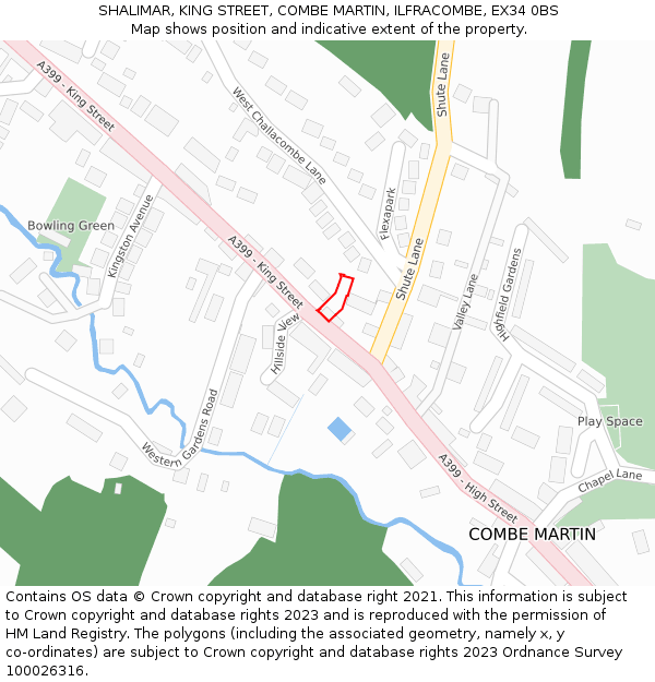 SHALIMAR, KING STREET, COMBE MARTIN, ILFRACOMBE, EX34 0BS: Location map and indicative extent of plot