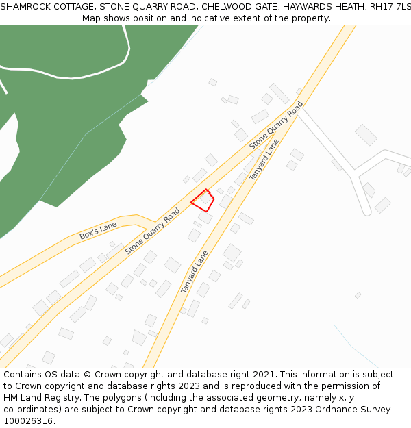 SHAMROCK COTTAGE, STONE QUARRY ROAD, CHELWOOD GATE, HAYWARDS HEATH, RH17 7LS: Location map and indicative extent of plot