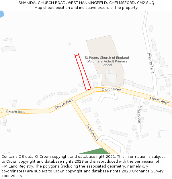 SHANIDA, CHURCH ROAD, WEST HANNINGFIELD, CHELMSFORD, CM2 8UQ: Location map and indicative extent of plot