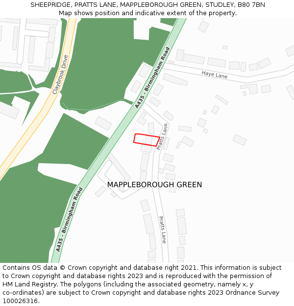 SHEEPRIDGE, PRATTS LANE, MAPPLEBOROUGH GREEN, STUDLEY, B80 7BN: Location map and indicative extent of plot