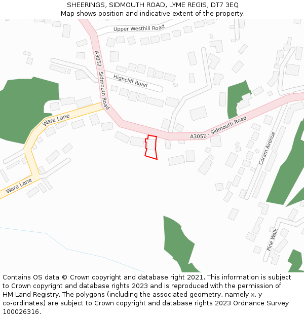 SHEERINGS, SIDMOUTH ROAD, LYME REGIS, DT7 3EQ: Location map and indicative extent of plot
