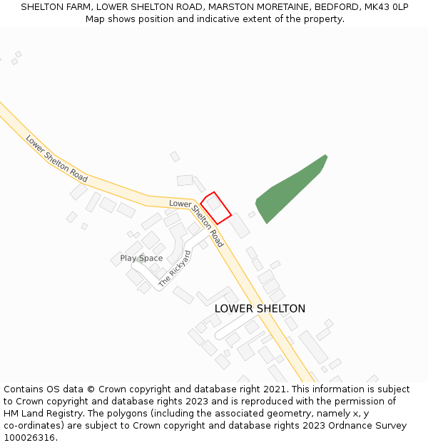 SHELTON FARM, LOWER SHELTON ROAD, MARSTON MORETAINE, BEDFORD, MK43 0LP: Location map and indicative extent of plot