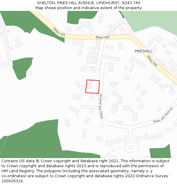 SHELTON, PIKES HILL AVENUE, LYNDHURST, SO43 7AX: Location map and indicative extent of plot
