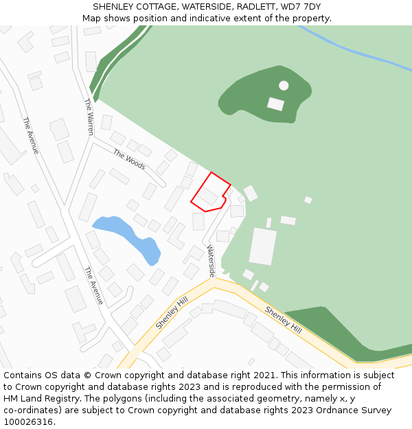 SHENLEY COTTAGE, WATERSIDE, RADLETT, WD7 7DY: Location map and indicative extent of plot