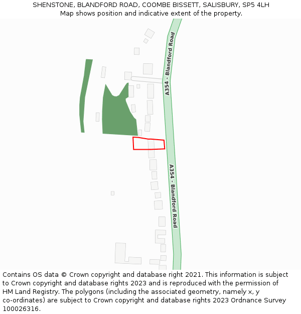 SHENSTONE, BLANDFORD ROAD, COOMBE BISSETT, SALISBURY, SP5 4LH: Location map and indicative extent of plot