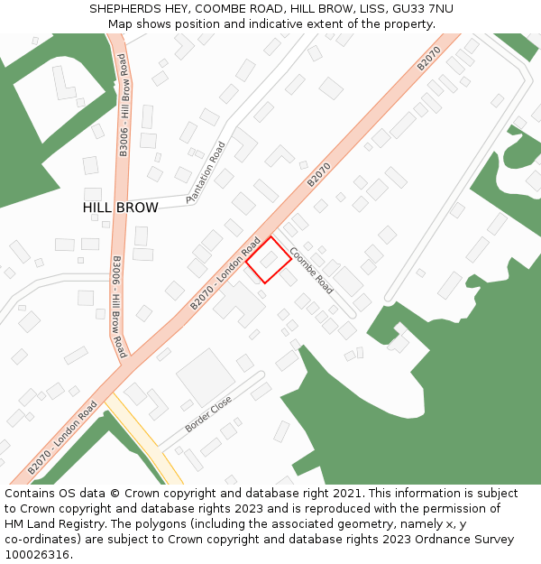 SHEPHERDS HEY, COOMBE ROAD, HILL BROW, LISS, GU33 7NU: Location map and indicative extent of plot