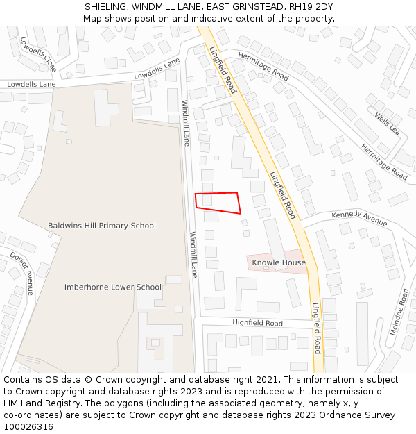 SHIELING, WINDMILL LANE, EAST GRINSTEAD, RH19 2DY: Location map and indicative extent of plot