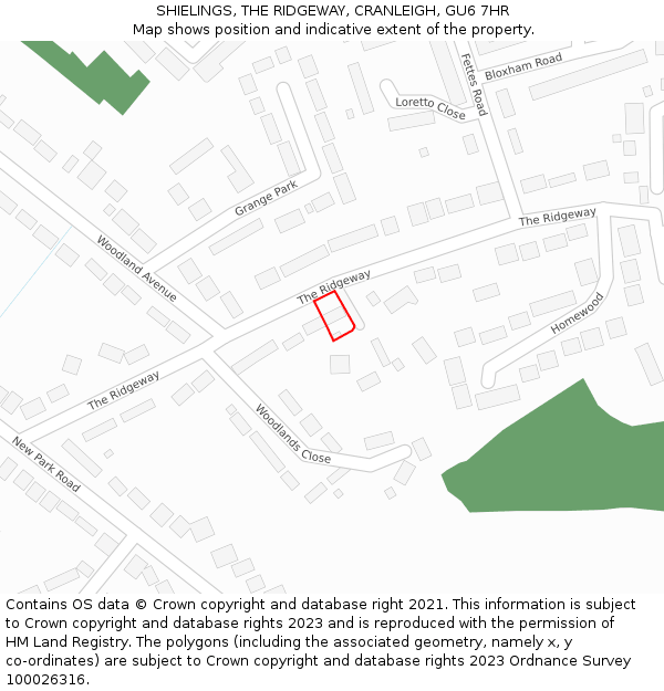 SHIELINGS, THE RIDGEWAY, CRANLEIGH, GU6 7HR: Location map and indicative extent of plot