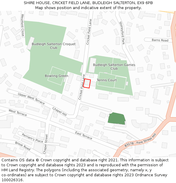 SHIRE HOUSE, CRICKET FIELD LANE, BUDLEIGH SALTERTON, EX9 6PB: Location map and indicative extent of plot