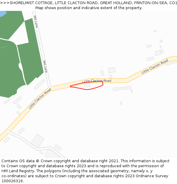 SHORELMIST COTTAGE, LITTLE CLACTON ROAD, GREAT HOLLAND, FRINTON-ON-SEA, CO13 0ET: Location map and indicative extent of plot