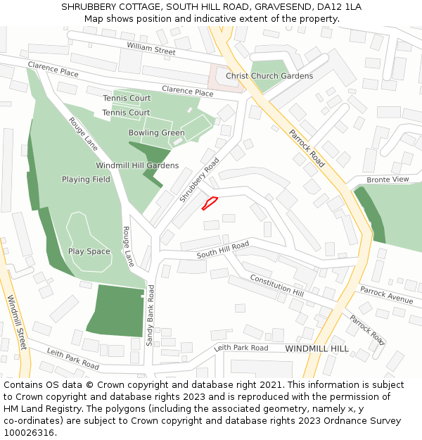 SHRUBBERY COTTAGE, SOUTH HILL ROAD, GRAVESEND, DA12 1LA: Location map and indicative extent of plot