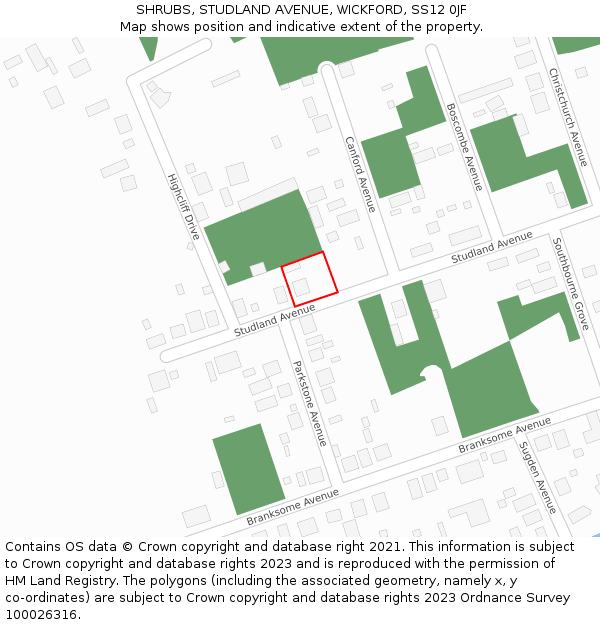 SHRUBS, STUDLAND AVENUE, WICKFORD, SS12 0JF: Location map and indicative extent of plot