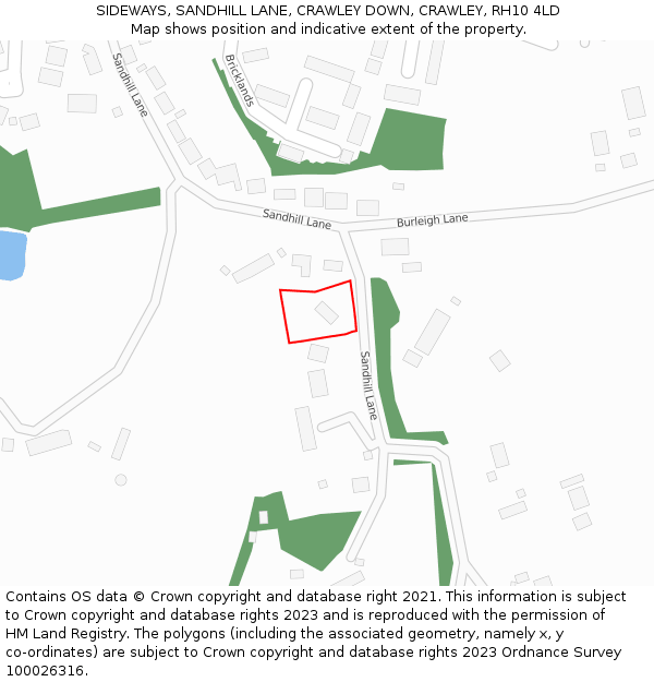 SIDEWAYS, SANDHILL LANE, CRAWLEY DOWN, CRAWLEY, RH10 4LD: Location map and indicative extent of plot