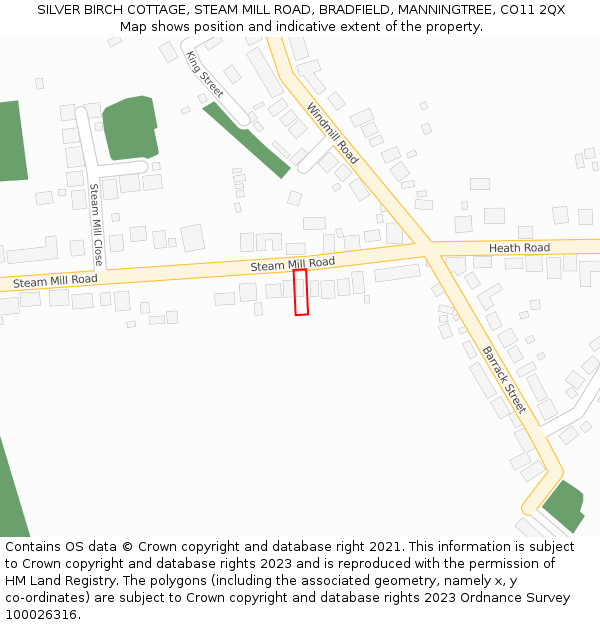 SILVER BIRCH COTTAGE, STEAM MILL ROAD, BRADFIELD, MANNINGTREE, CO11 2QX: Location map and indicative extent of plot