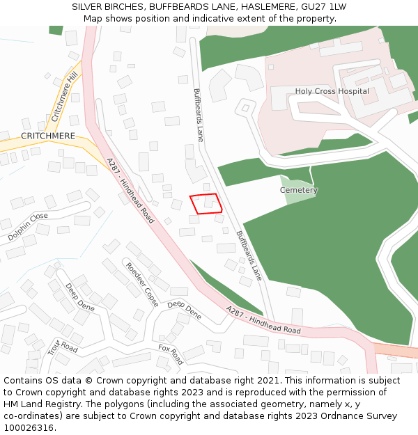 SILVER BIRCHES, BUFFBEARDS LANE, HASLEMERE, GU27 1LW: Location map and indicative extent of plot