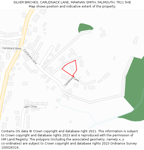 SILVER BIRCHES, CARLIDNACK LANE, MAWNAN SMITH, FALMOUTH, TR11 5HE: Location map and indicative extent of plot