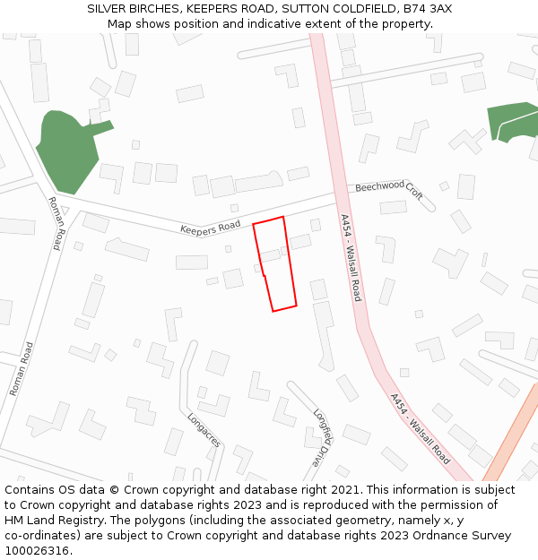 SILVER BIRCHES, KEEPERS ROAD, SUTTON COLDFIELD, B74 3AX: Location map and indicative extent of plot