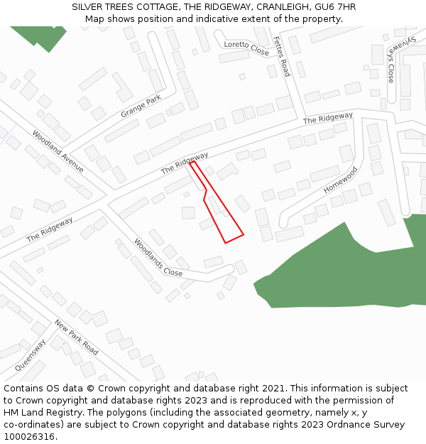 SILVER TREES COTTAGE, THE RIDGEWAY, CRANLEIGH, GU6 7HR: Location map and indicative extent of plot