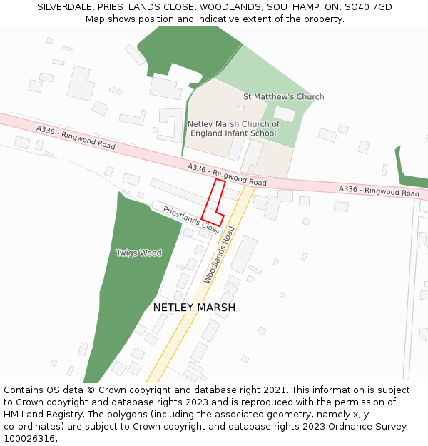 SILVERDALE, PRIESTLANDS CLOSE, WOODLANDS, SOUTHAMPTON, SO40 7GD: Location map and indicative extent of plot