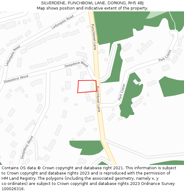 SILVERDENE, PUNCHBOWL LANE, DORKING, RH5 4BJ: Location map and indicative extent of plot