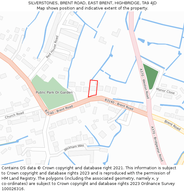 SILVERSTONES, BRENT ROAD, EAST BRENT, HIGHBRIDGE, TA9 4JD: Location map and indicative extent of plot