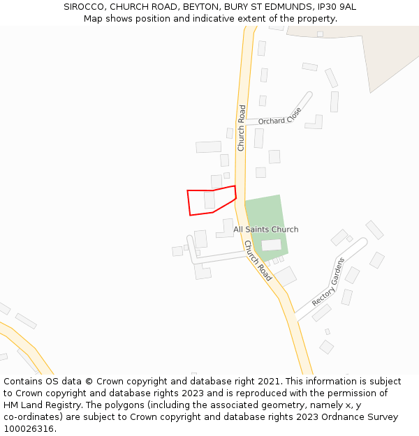 SIROCCO, CHURCH ROAD, BEYTON, BURY ST EDMUNDS, IP30 9AL: Location map and indicative extent of plot