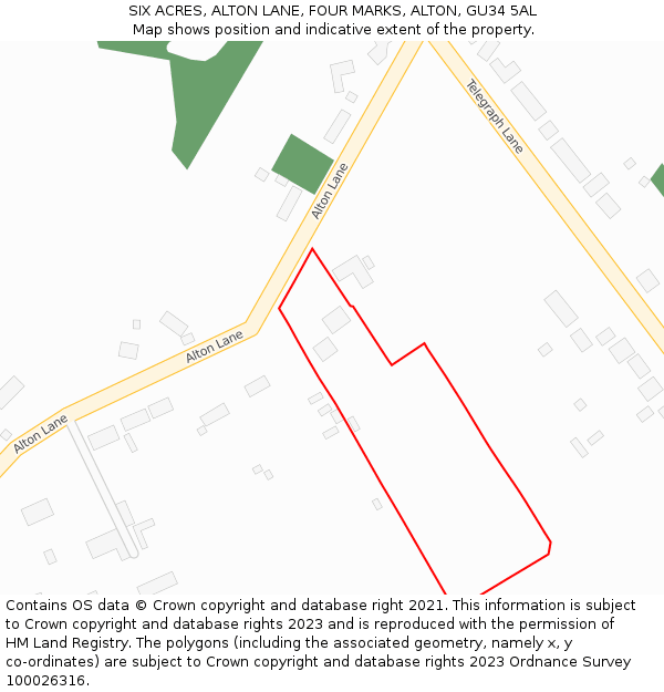 SIX ACRES, ALTON LANE, FOUR MARKS, ALTON, GU34 5AL: Location map and indicative extent of plot