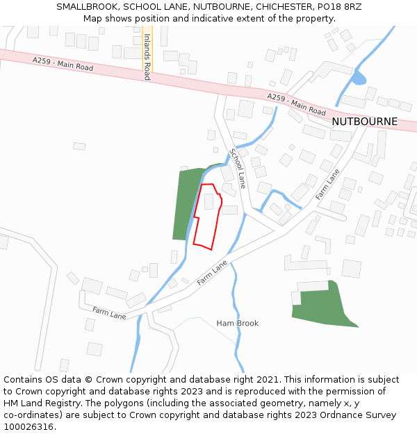 SMALLBROOK, SCHOOL LANE, NUTBOURNE, CHICHESTER, PO18 8RZ: Location map and indicative extent of plot