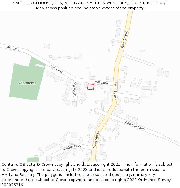 SMETHETON HOUSE, 11A, MILL LANE, SMEETON WESTERBY, LEICESTER, LE8 0QL: Location map and indicative extent of plot