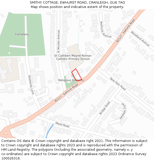 SMITHY COTTAGE, EWHURST ROAD, CRANLEIGH, GU6 7AG: Location map and indicative extent of plot