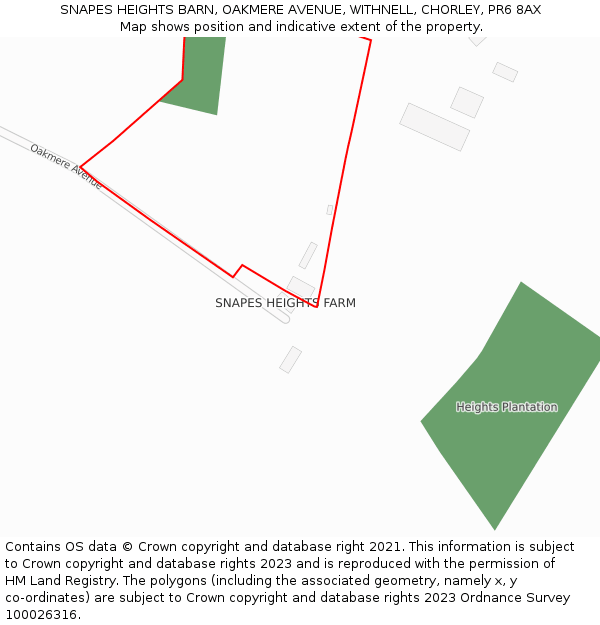 SNAPES HEIGHTS BARN, OAKMERE AVENUE, WITHNELL, CHORLEY, PR6 8AX: Location map and indicative extent of plot