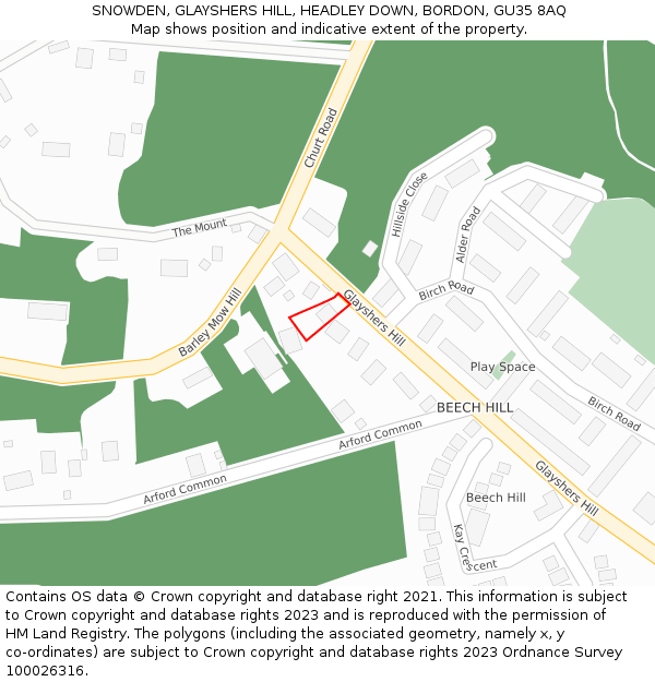 SNOWDEN, GLAYSHERS HILL, HEADLEY DOWN, BORDON, GU35 8AQ: Location map and indicative extent of plot